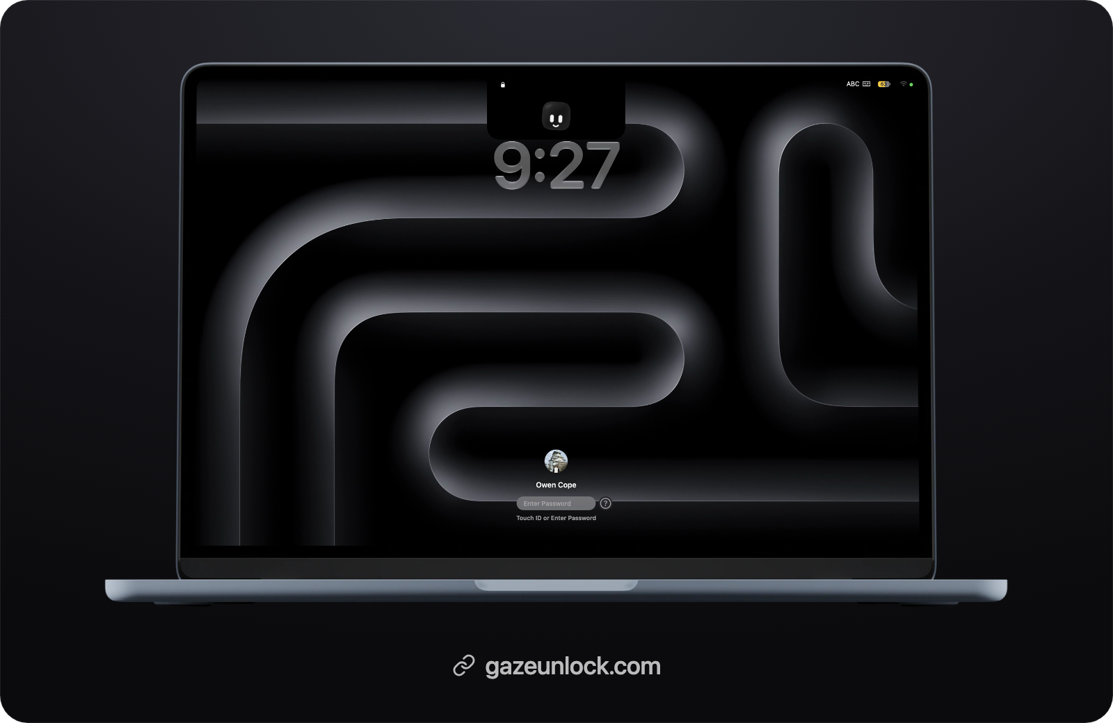 A MacBook lock screen with Gaze's panel open under the notch, recognising its owner