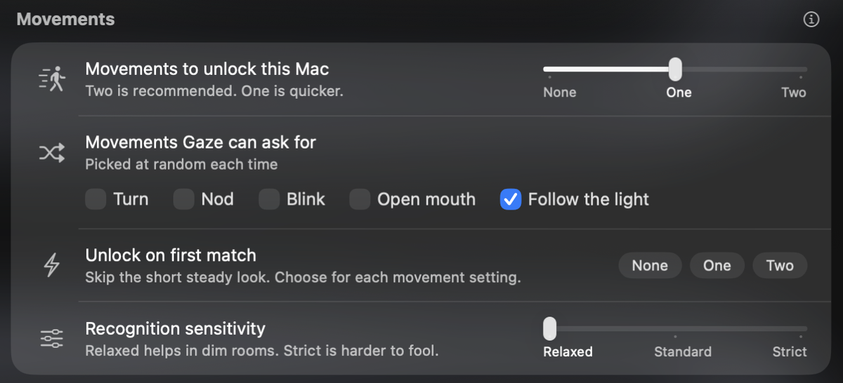 Gaze Settings, Security, showing Movements: how many to ask for, which ones Gaze can use, Unlock on first match and Recognition sensitivity