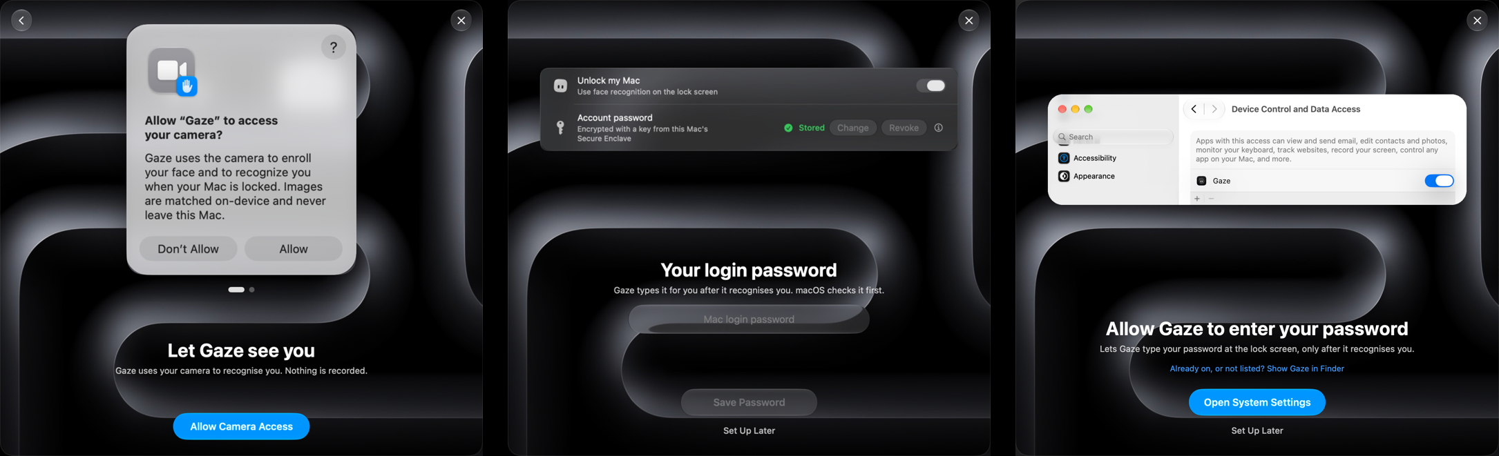The new setup pages: camera access, login password and Accessibility