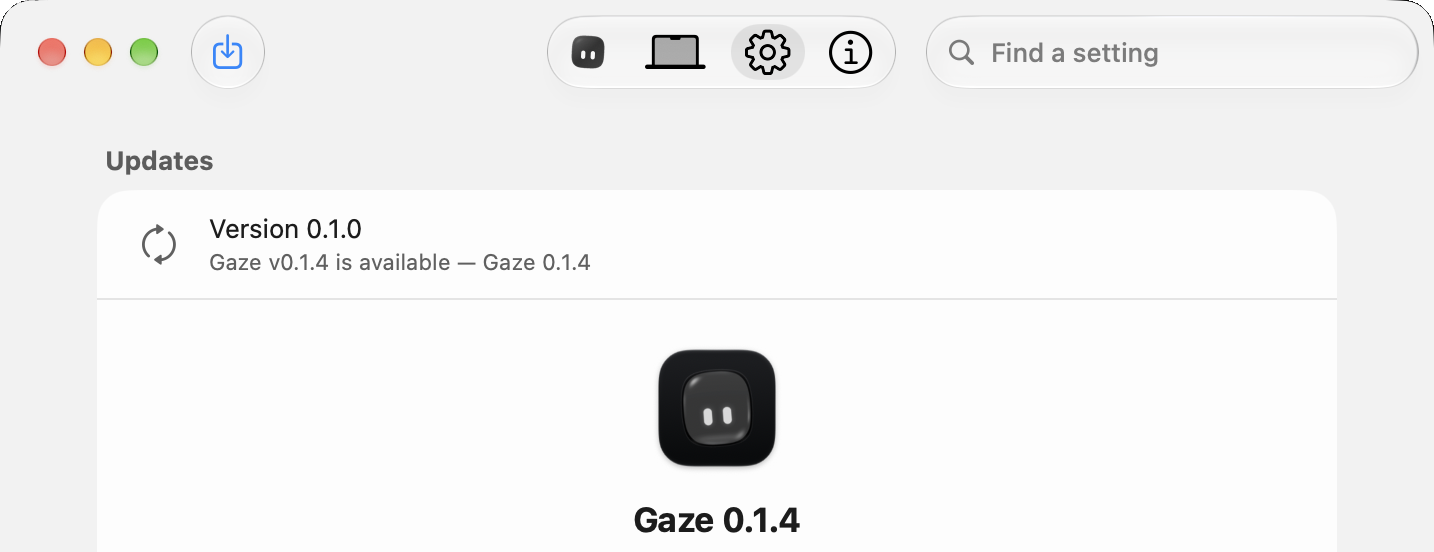 Gaze Settings with the update button beside the window controls and Updates at the top