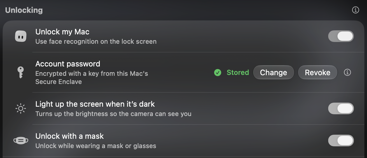 Gaze Settings, Unlocking section, with the new Light up the screen when it’s dark and Unlock with a mask settings