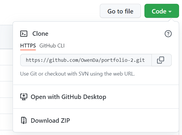 Example of GitHub interface showing the available cloning options.