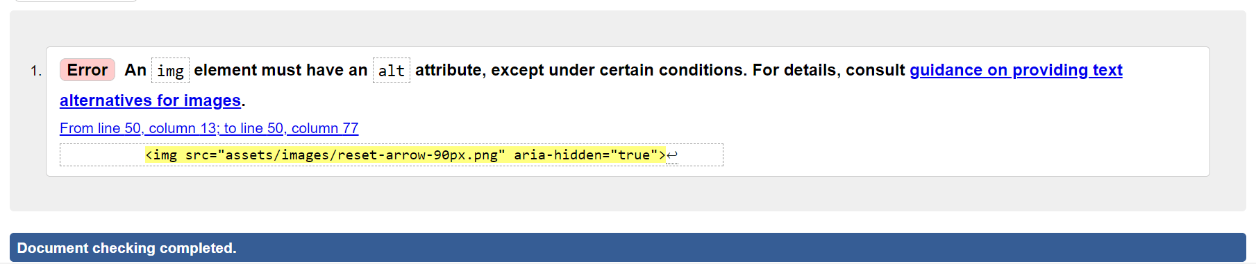 HTML validator results indicated the HTML code in this project is valid with the only error being the intentional omission of alt-text where it would not serve the user.