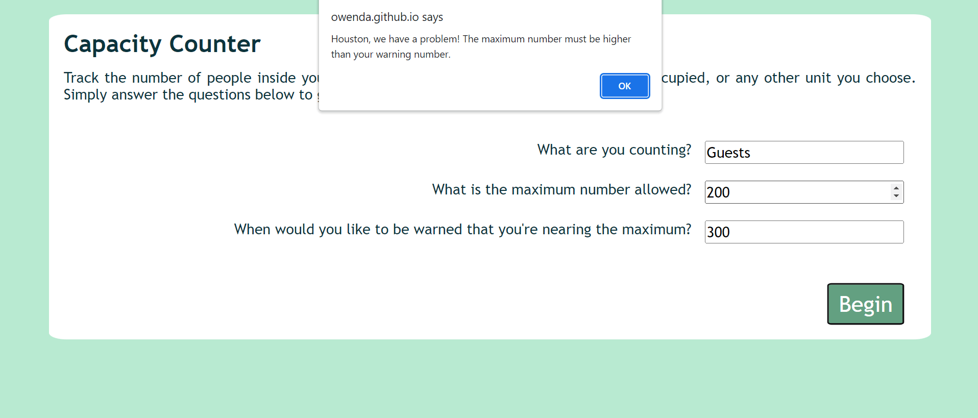 An error message is displayed if the user's warning number is greater than their maximum number.