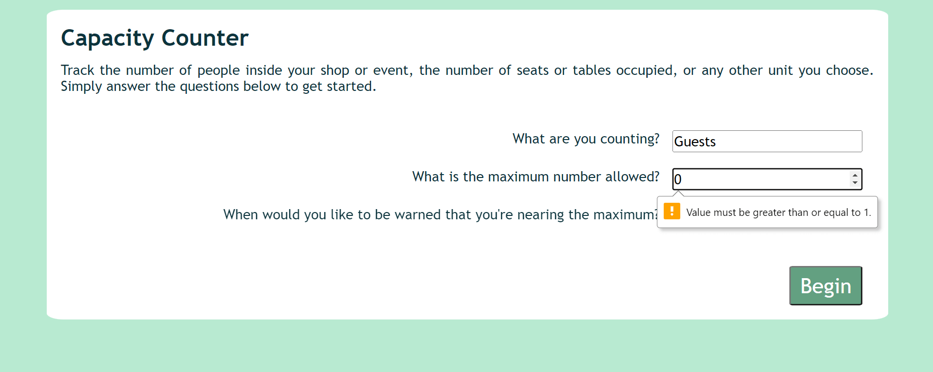 An error message is displayed when the user attempts to set the maximum number equal to zero.