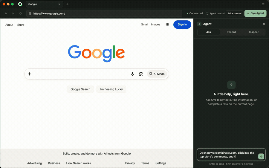 The Oya browser: a task asked in plain language, answered, and kept as a playbook