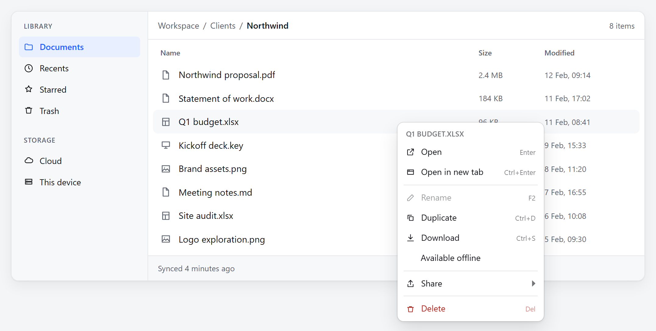 A file manager with a context menu open on a spreadsheet row. The menu is
headed with the file name and lists Open and Open in new tab with their keyboard
shortcuts, a greyed out Rename, Duplicate, Download, an Available offline
checkbox, a Share row with a submenu arrow, and Delete in red.