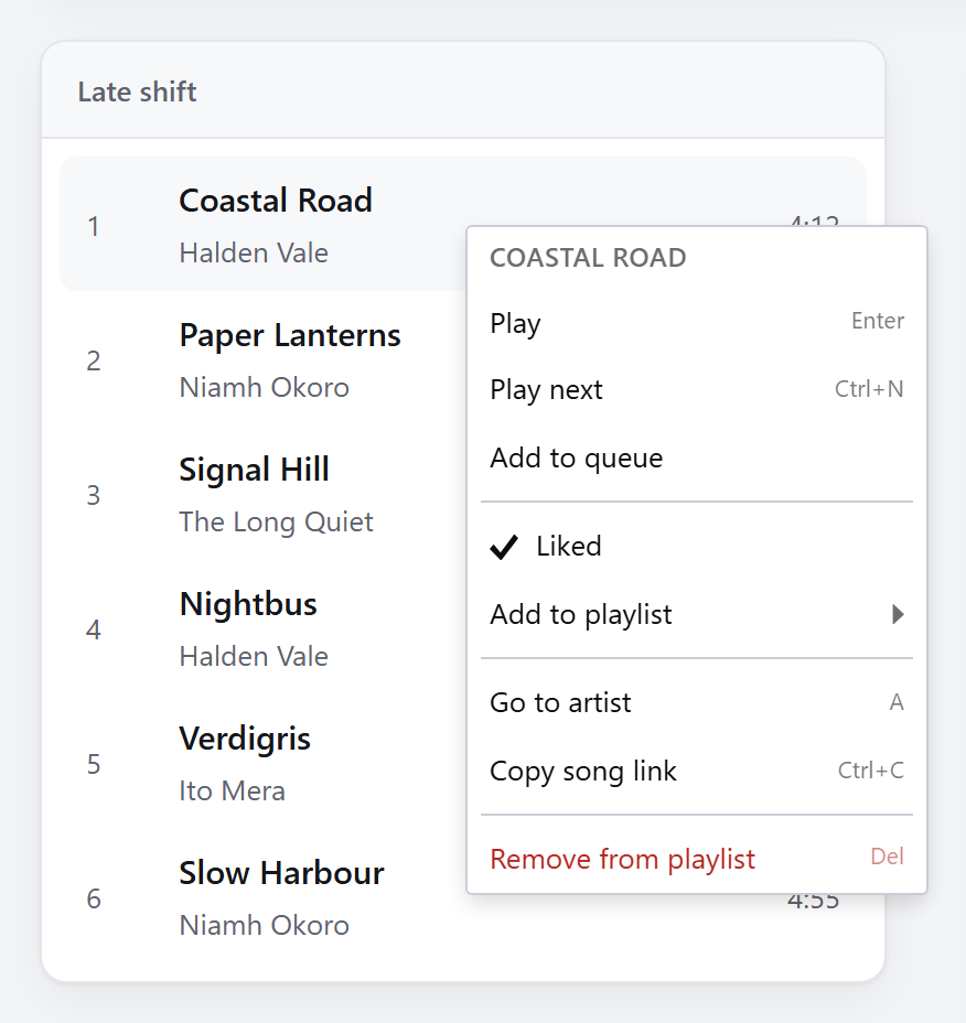 The same menu with 2px corners, tighter rows that run edge to edge, a smaller font and a harder border.