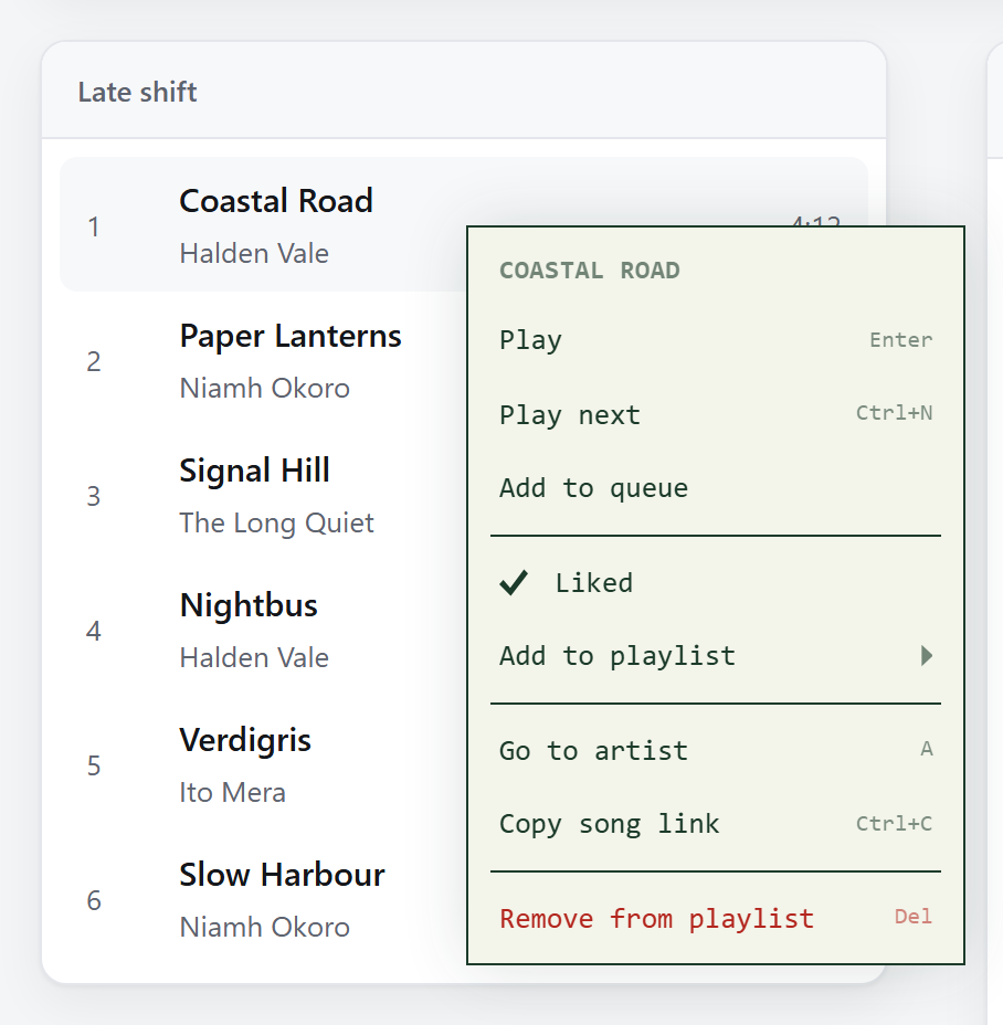 The same menu with square corners, a monospace font, dark green text on a cream panel and a solid green border.
