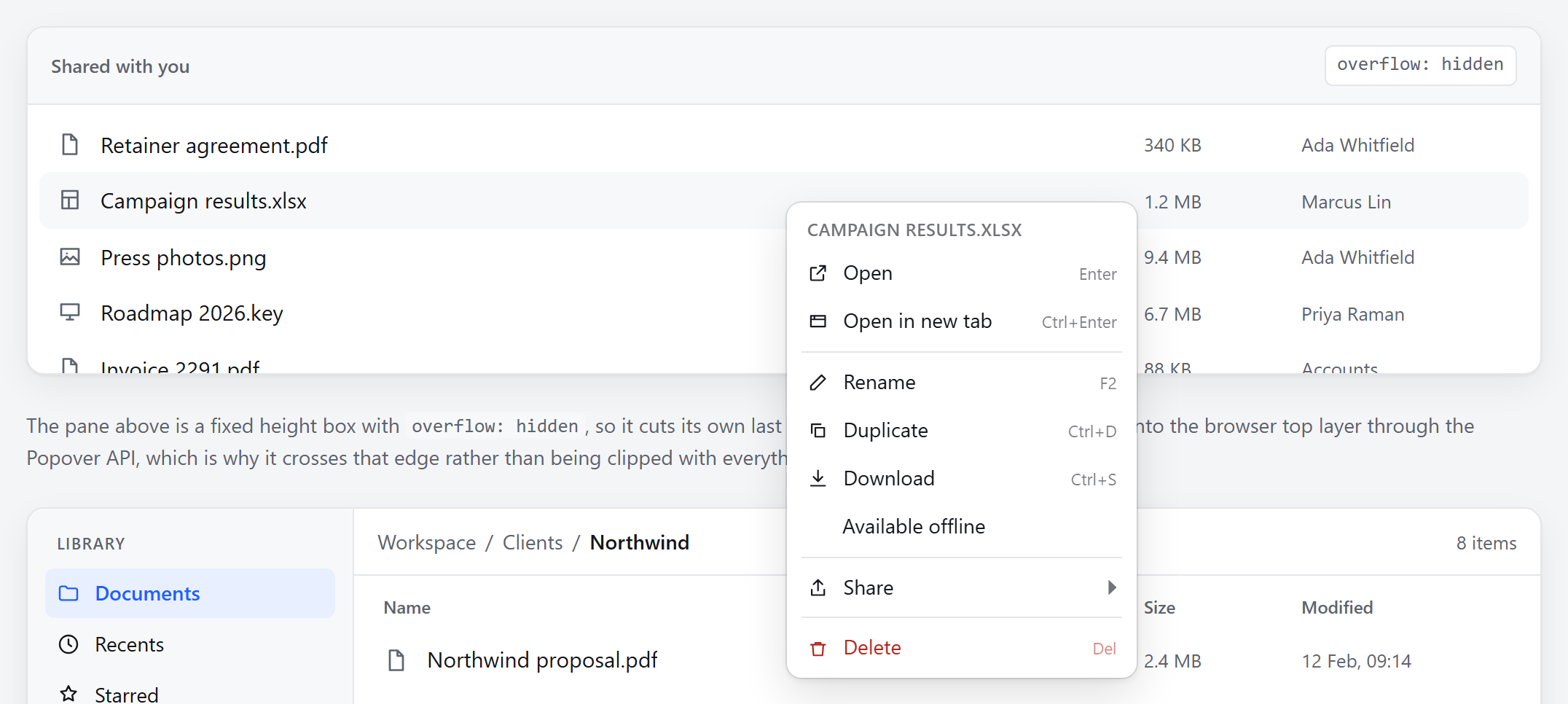 A Shared with you pane labelled overflow: hidden. The pane cuts its own last
row in half at its bottom edge, while the context menu opened inside it carries
straight on across that edge and over the interface
below.
