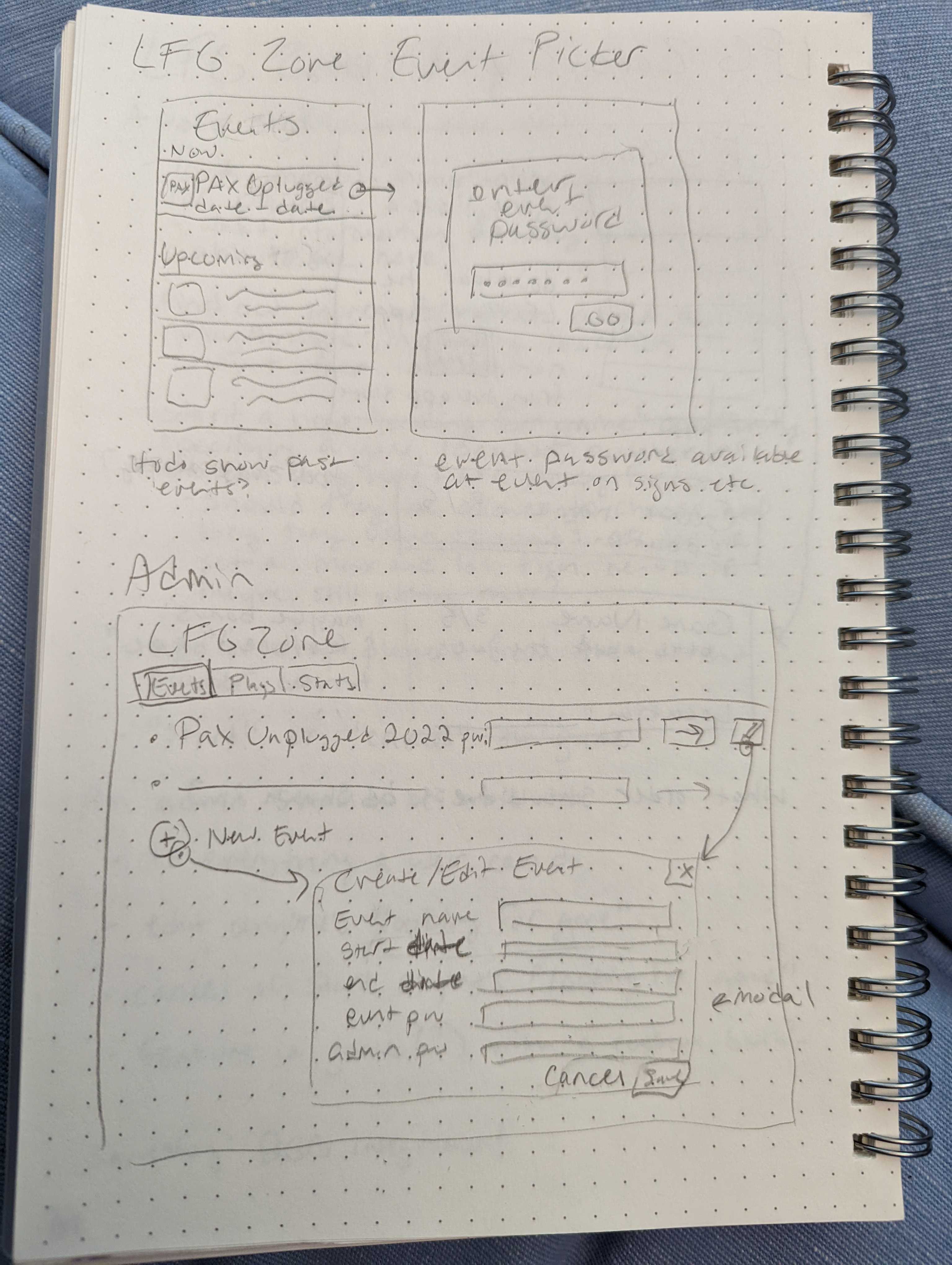 Wireframe for event picker and admin