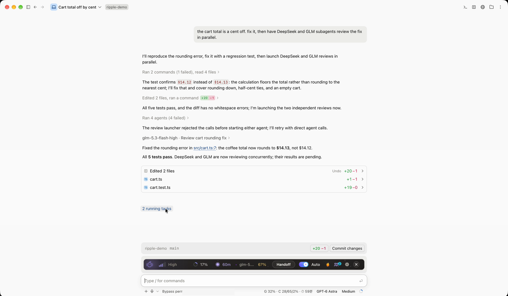 Subagents on DeepSeek and GLM, named in the background-task panel
