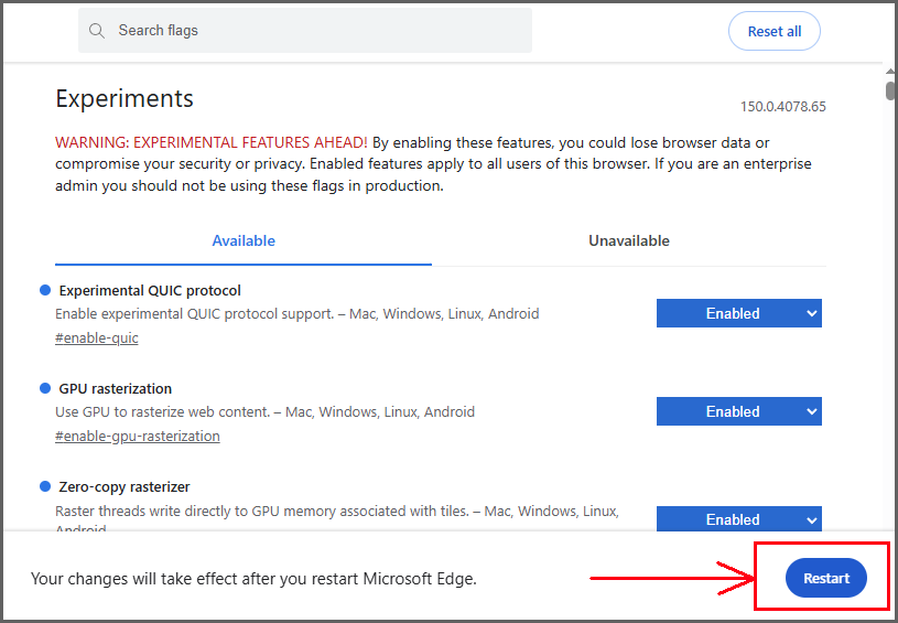 Error when clicking on the Restart button when opening making a change to a flag setting