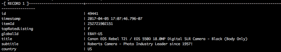 Sample of rows for a listing in Postgres database