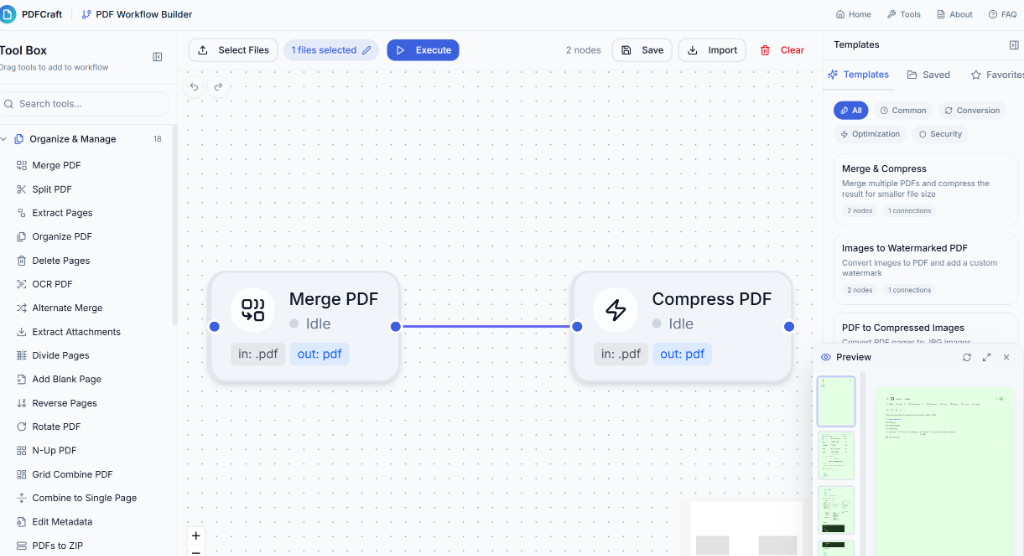 워크플로 에디터의 노드 기반 UI 스크린샷으로 Merge PDF 노드가 Compress PDF 노드에 연결된 파이프라인을 보여준다.