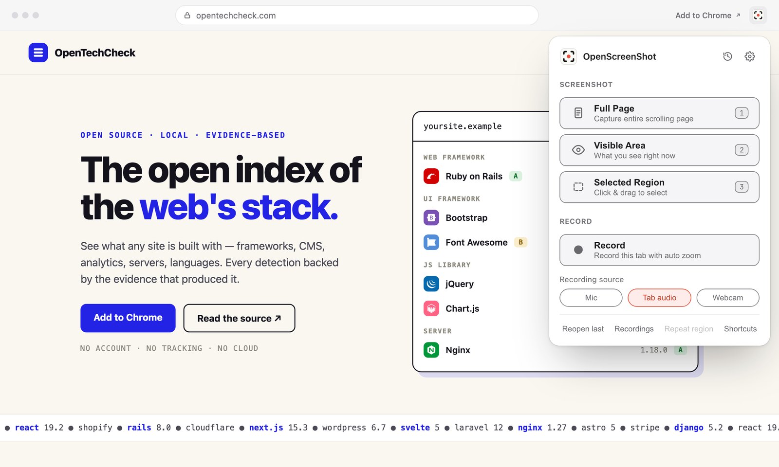 The OpenScreenShot popup open over a web page in Chrome, with Full Page, Visible Area, Selected Region and Record options