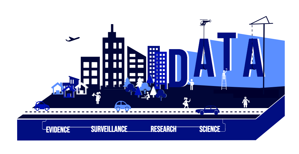 a design of people in a city with the word data floating in the sky. The 'A' is being lifted by a helicopter.