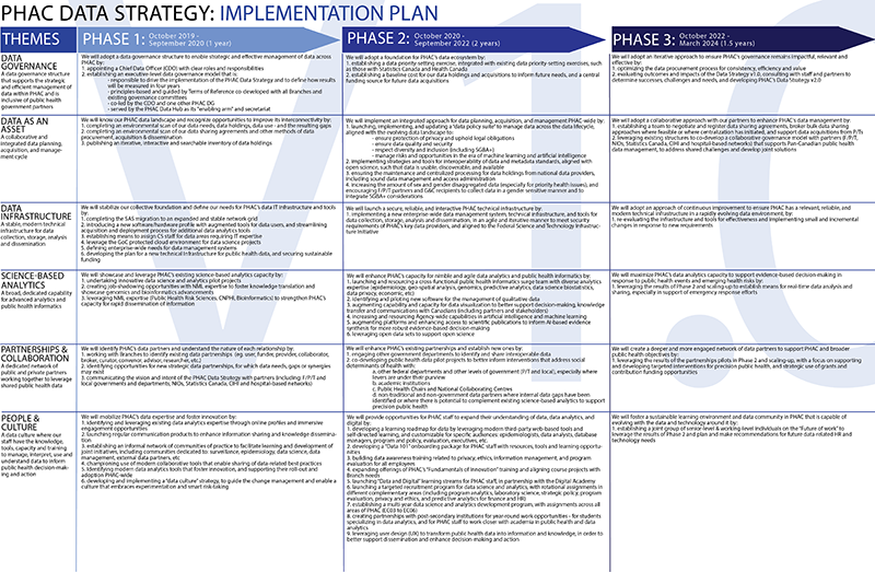 A graphic table demonstrating the implementation plan