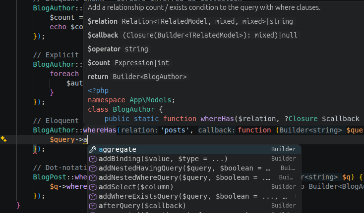 PHPantom showing hover and completion on a Laravel query