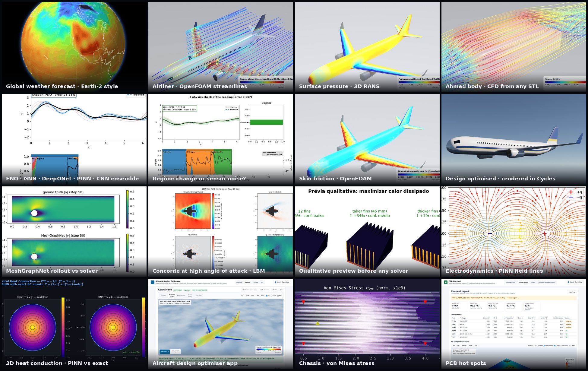 Highlights: global weather forecast, OpenFOAM airliner and Ahmed body, physics ensembles, MeshGraphNet, LBM, qualitative preview, PINNs for electrodynamics and heat, design apps
