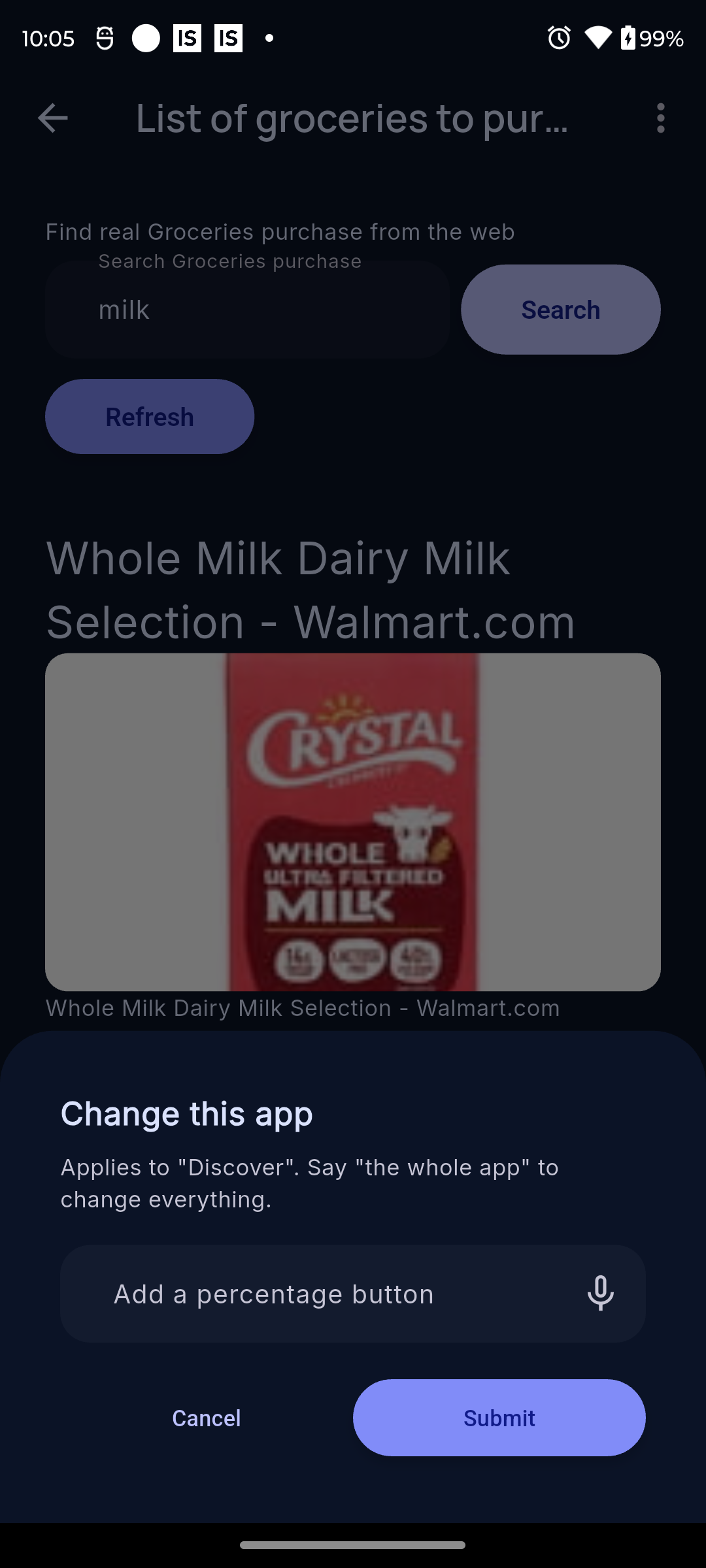'Change this app' — scoped to the current screen, with voice input