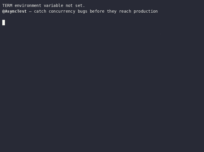 @AsyncTest catching a lost update: six threads read, increment and write back a shared counter, and the race detector names the field, the thread count and the interleavings it observed