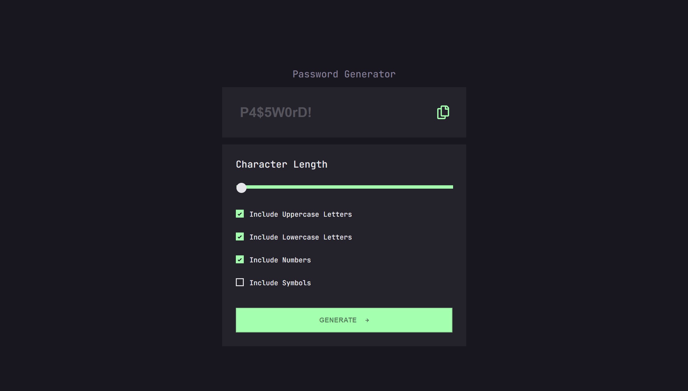 Design preview for the Random Password Generator component coding challenge