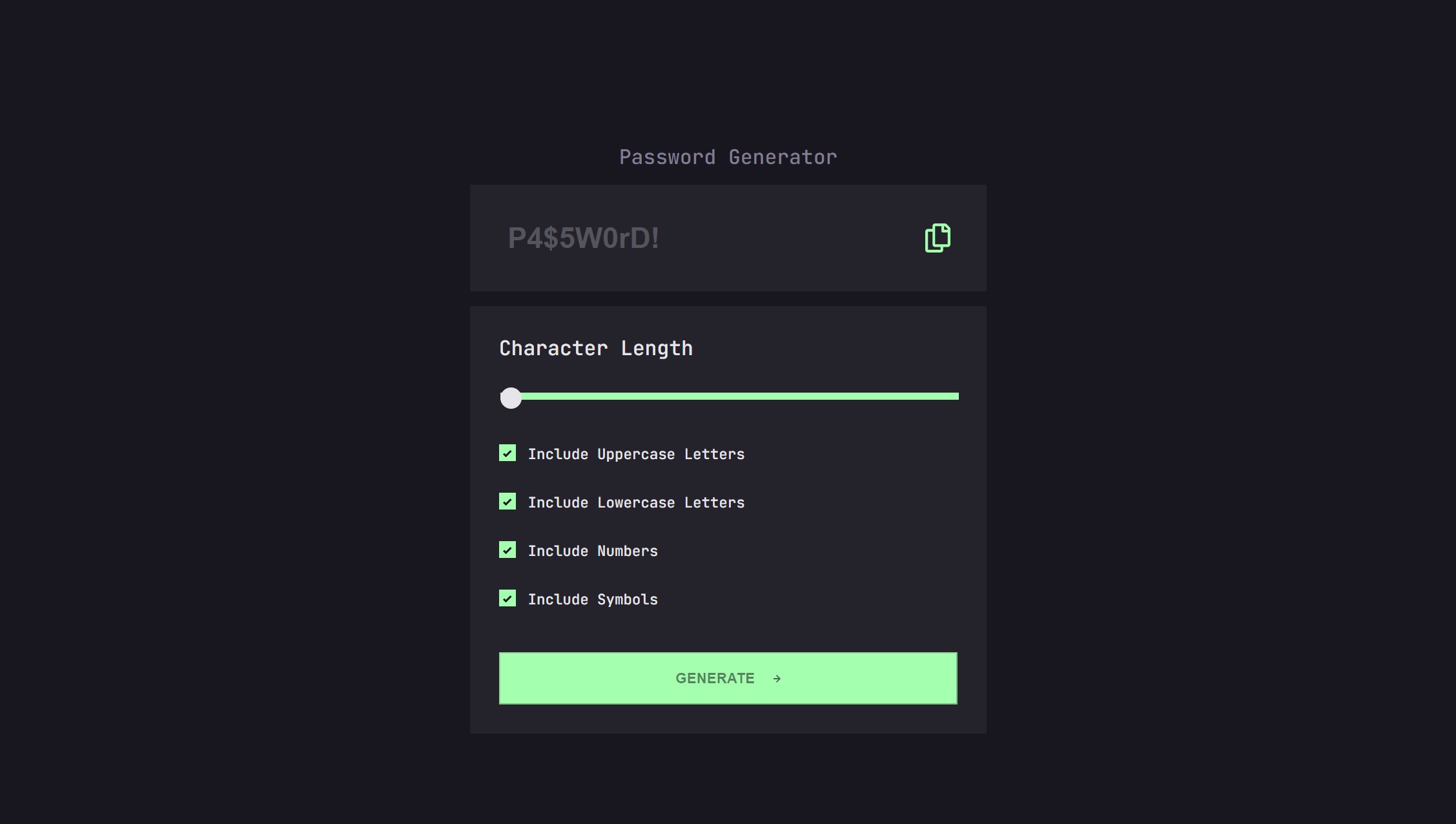 Design preview for the Random Password Generator component coding challenge