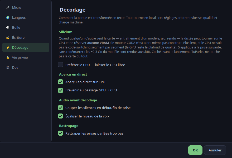 Settings, Decoding page: prefer-CPU toggle to leave the GPU free