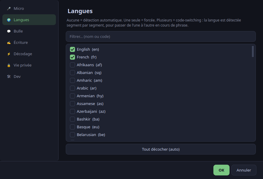 Settings, Languages page: searchable checklist of 100 languages, selected first