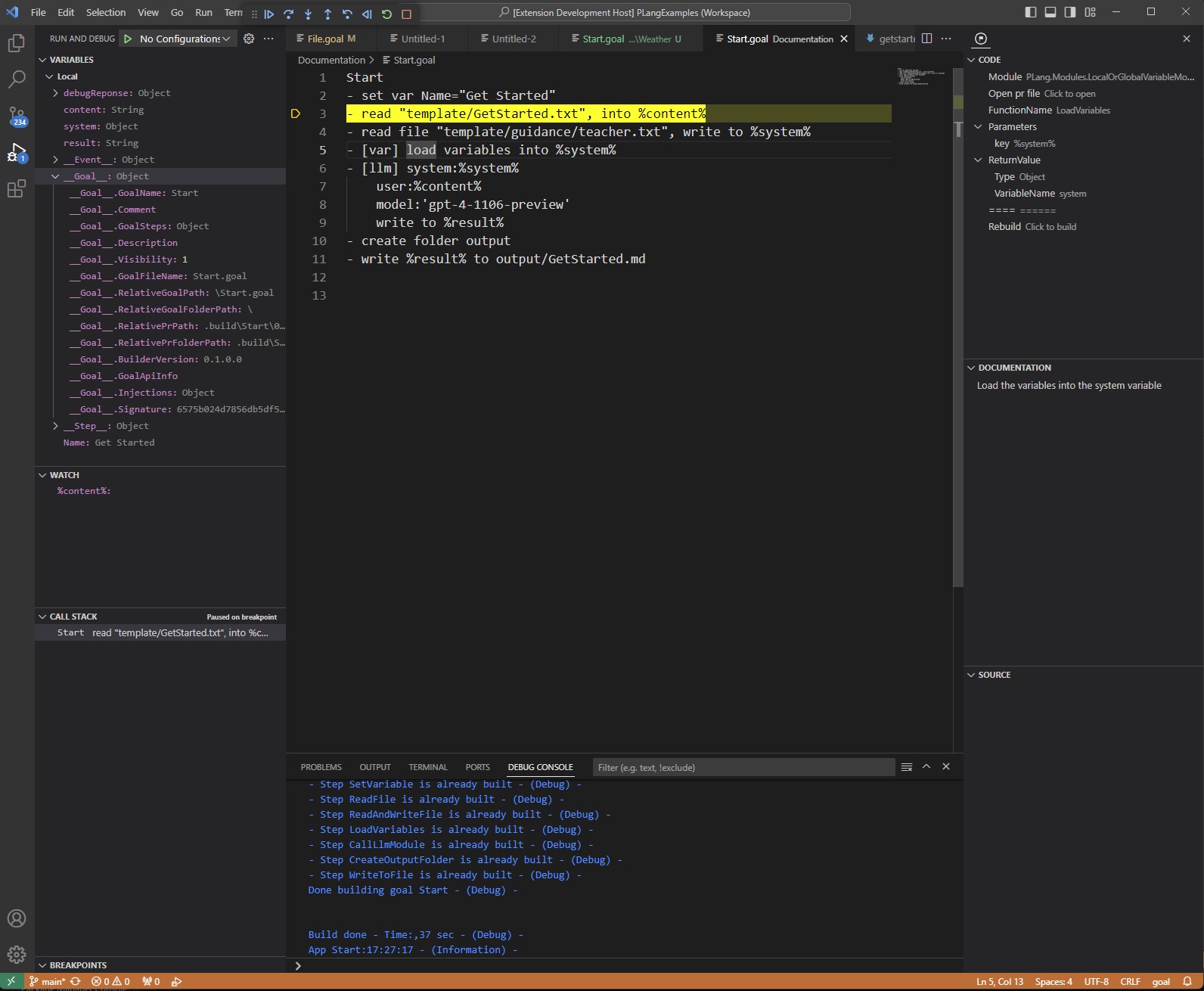 View of the VS Code plang extension in debug mode