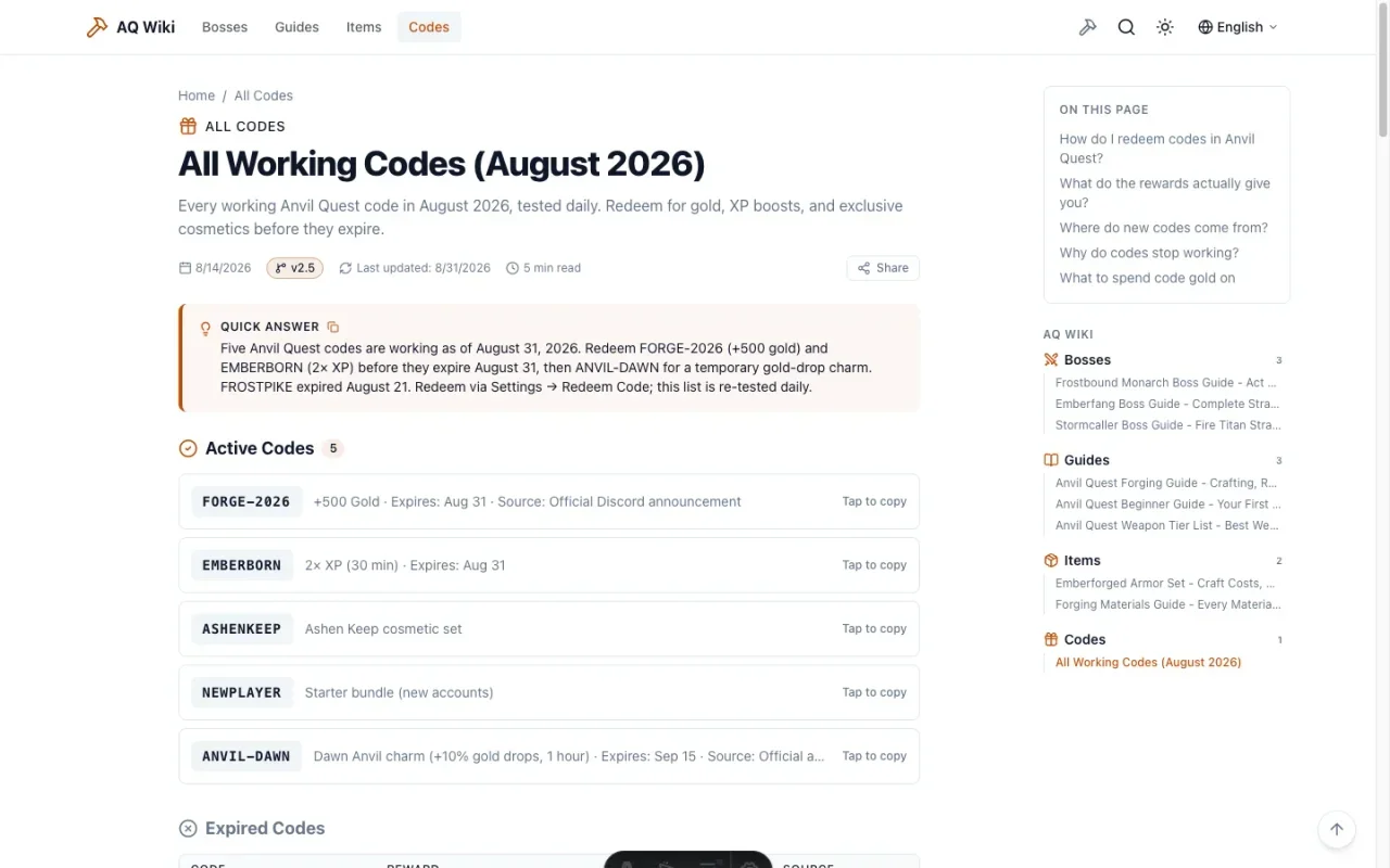 Codes page — tap to copy