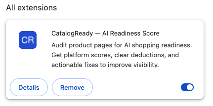 CatalogReady — AI Readiness Score installed in Chrome