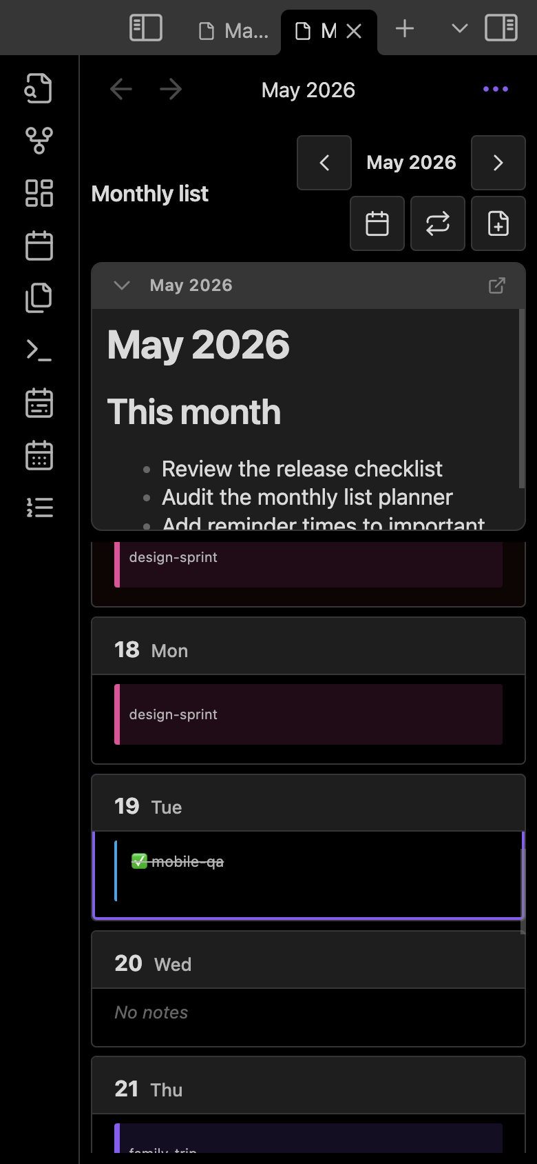 Mobile monthly list planner