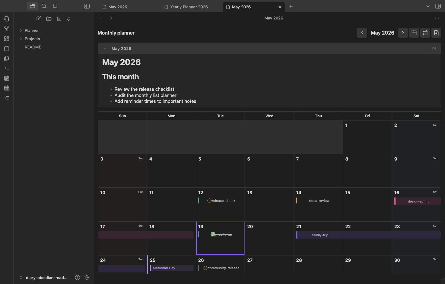 Monthly grid planner