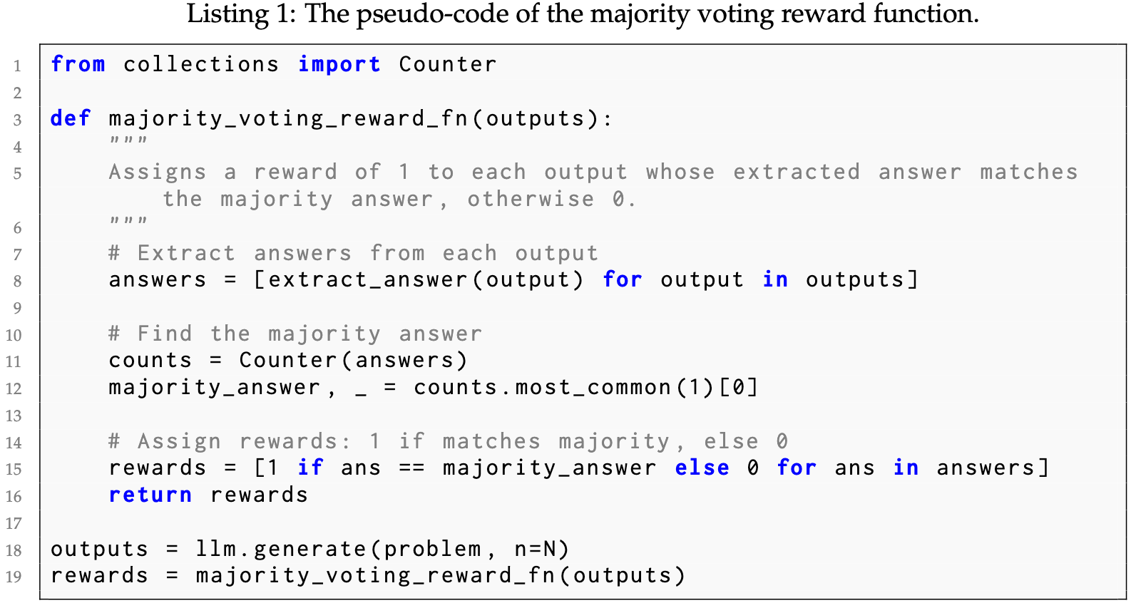 The pseudo-code of the majority voting reward function.