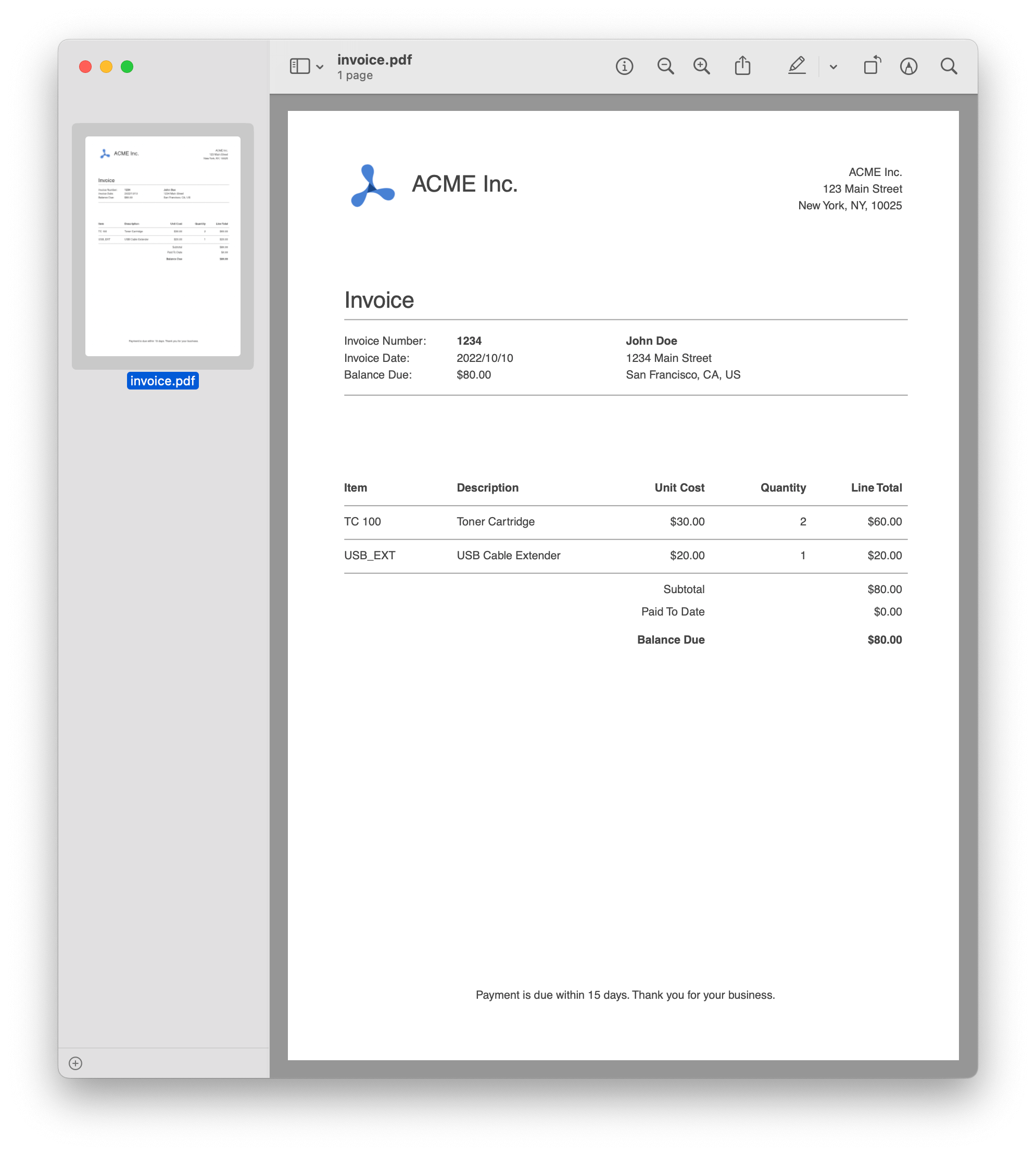 Screenshot of an invoice PDF in the PSPDFKit for Web reader.