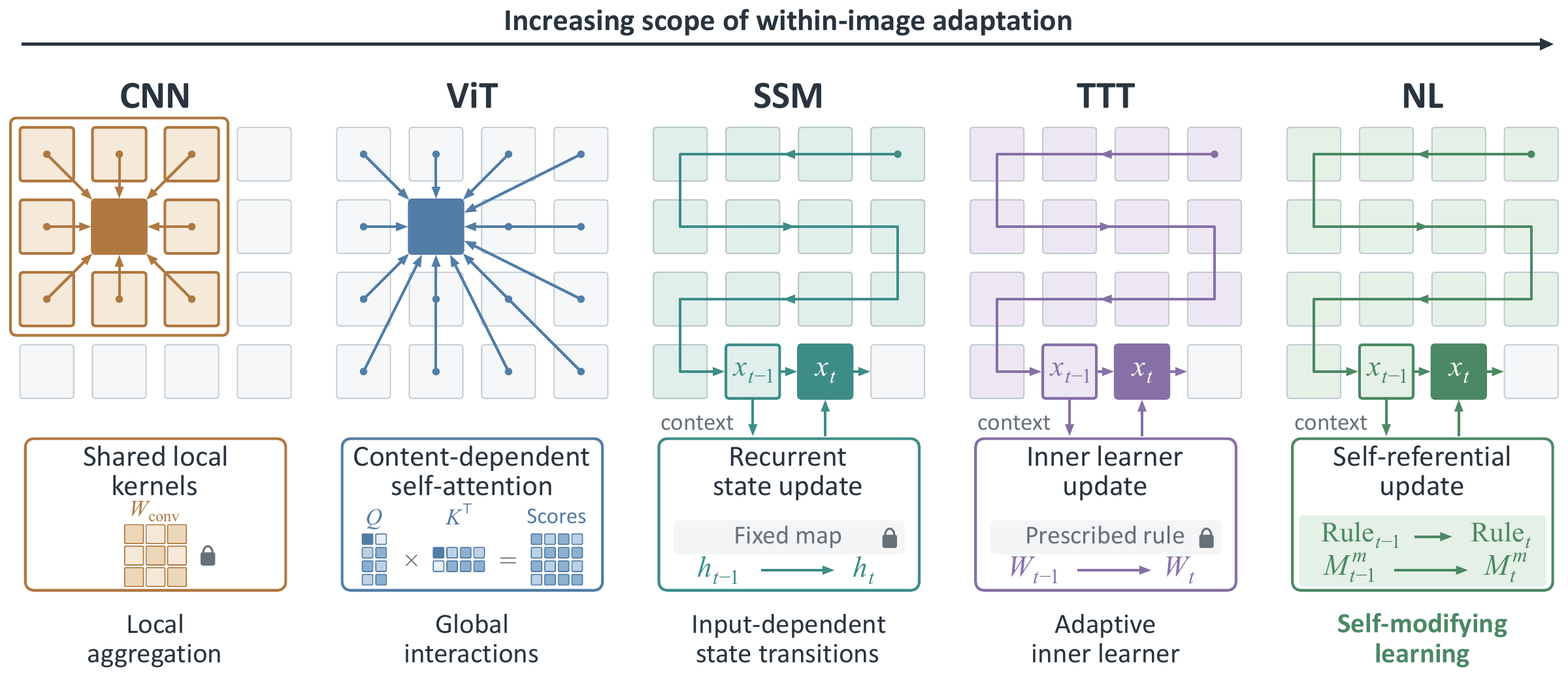 Progression from CNNs, ViTs, SSMs, and TTT to nested learning: VisionHOPE adapts both its memory and the rule that updates it within an image.