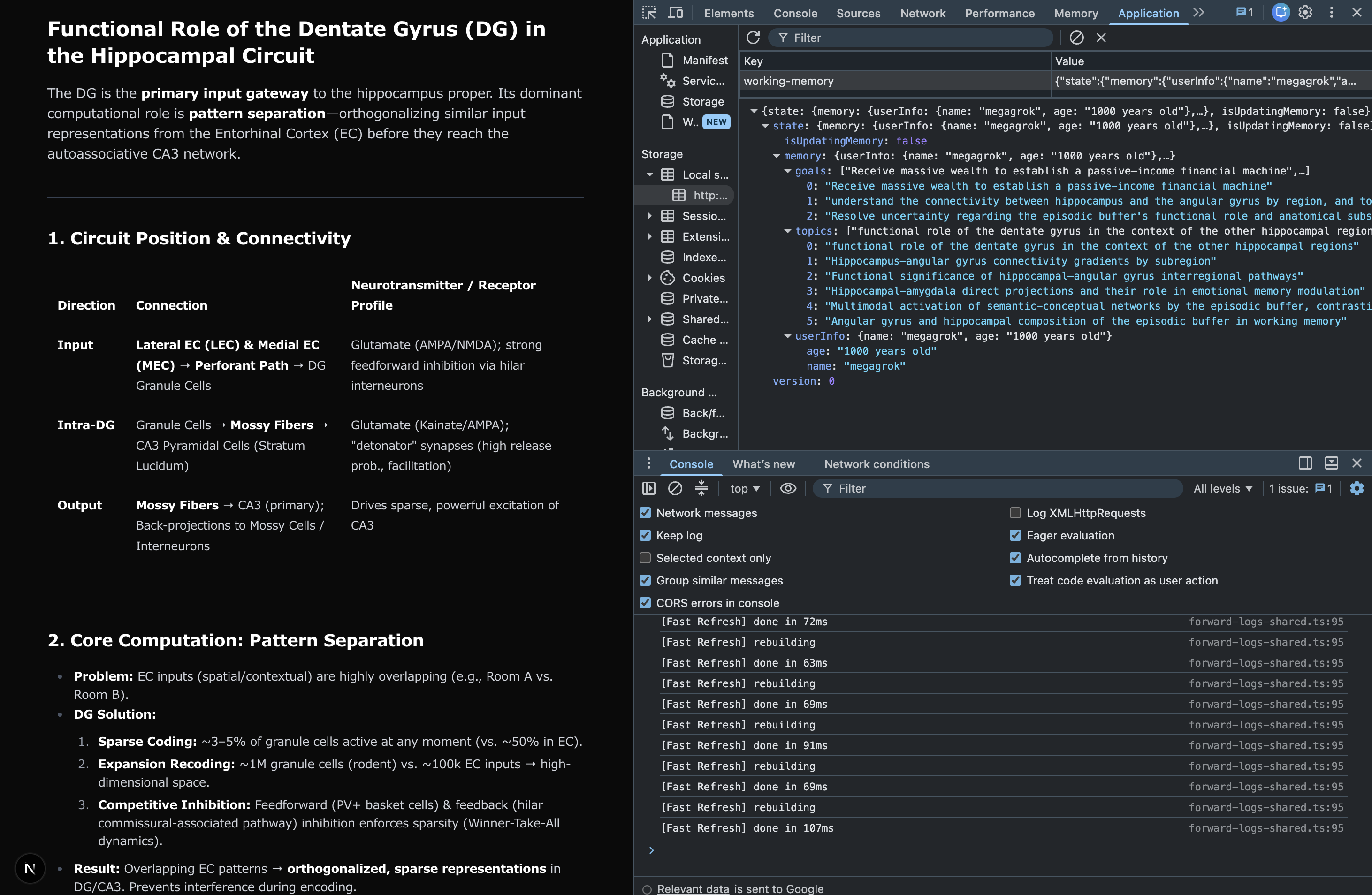 Screenshot of UI and local storage