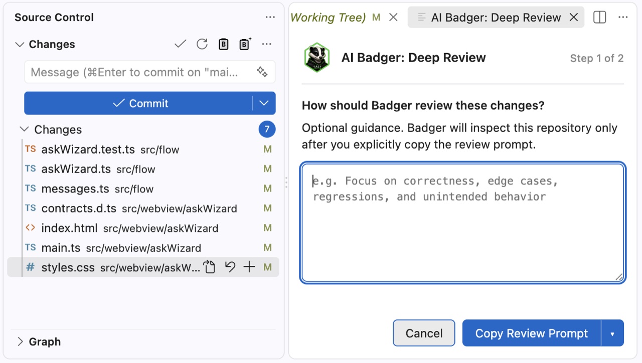 AI Badger for VS Code Deep Review workflow
