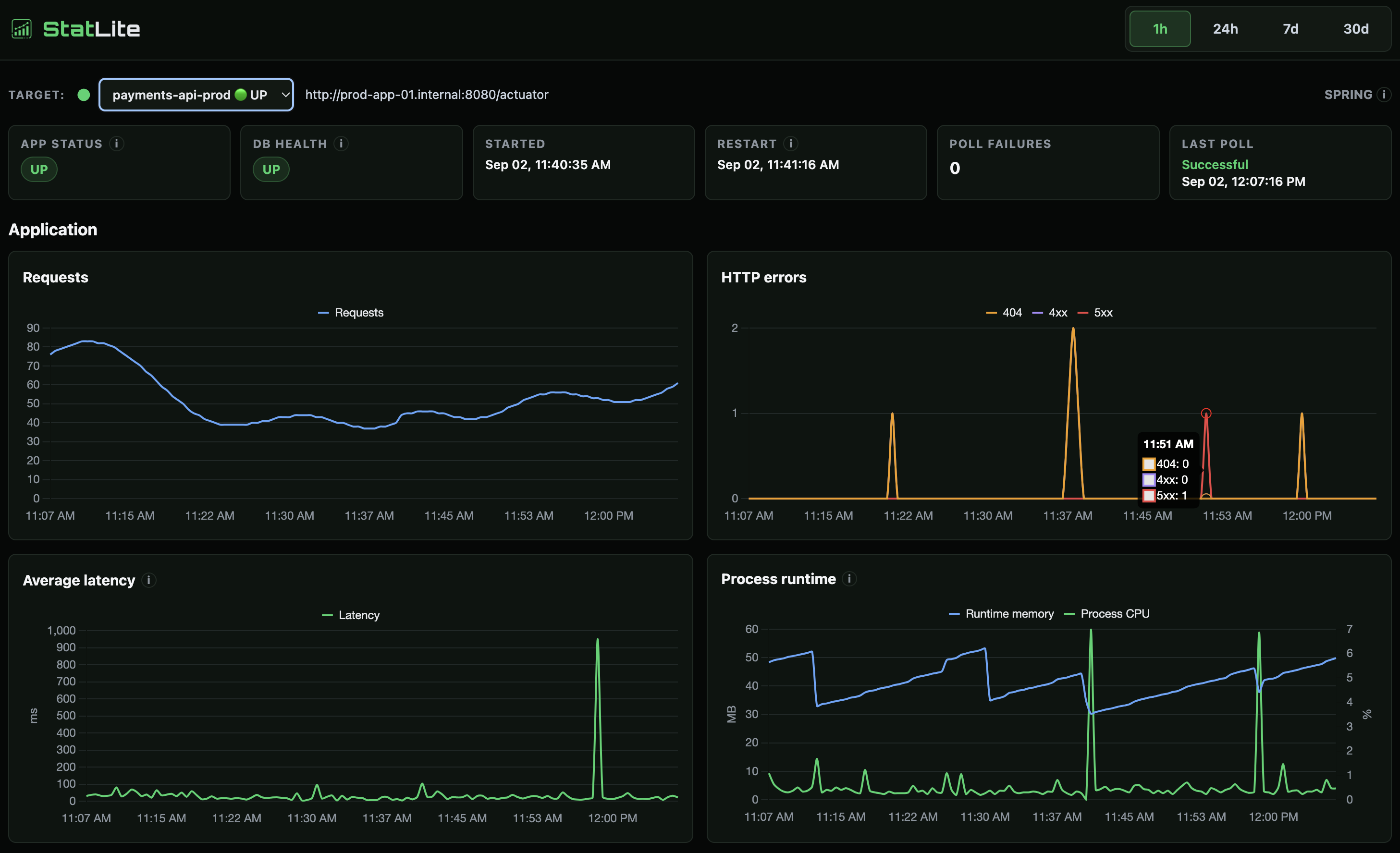 StatLite dashboard monitoring a Spring Boot payments API