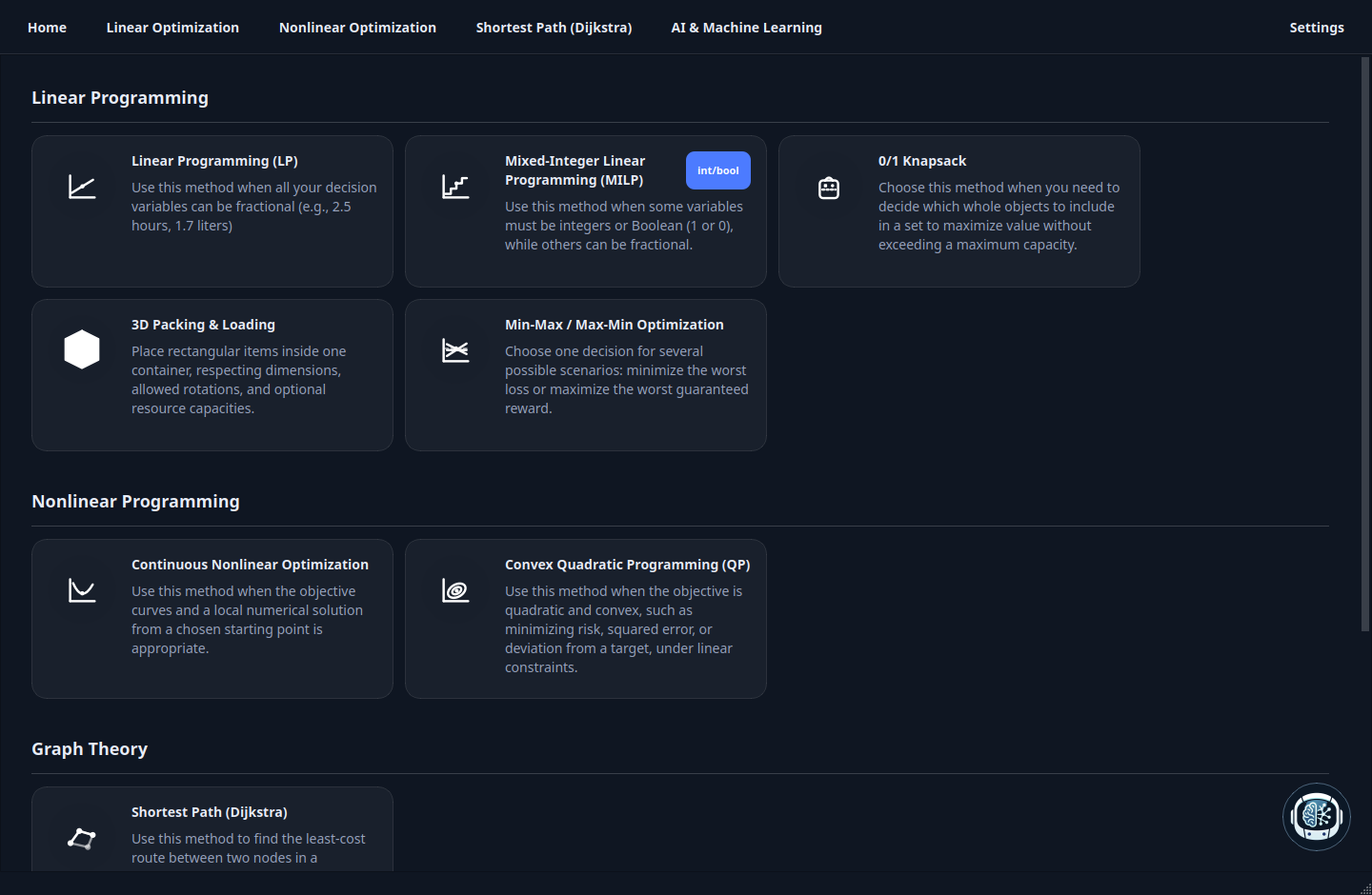 Optees Home screen with algorithm families