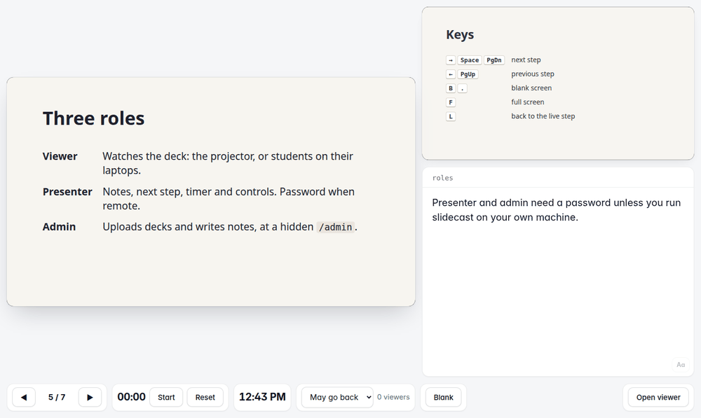 The presenter view: the current slide, the next one, speaker notes, timer, clock and controls