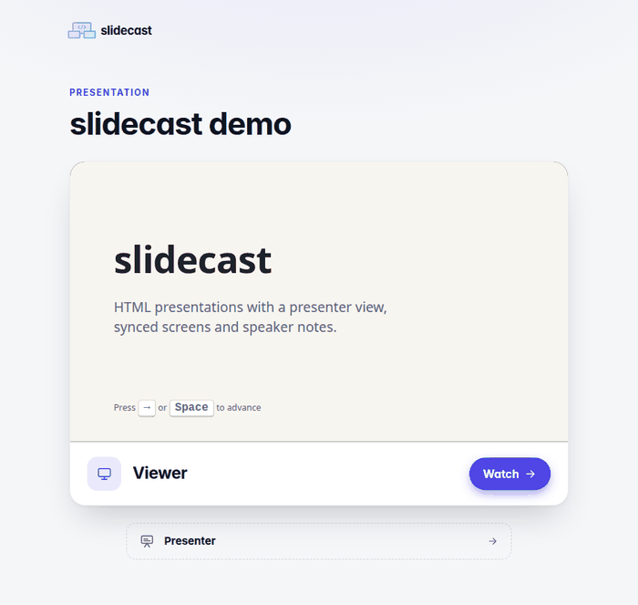 The deck page: a preview of the first slide, a Watch button for viewers and a smaller Presenter link