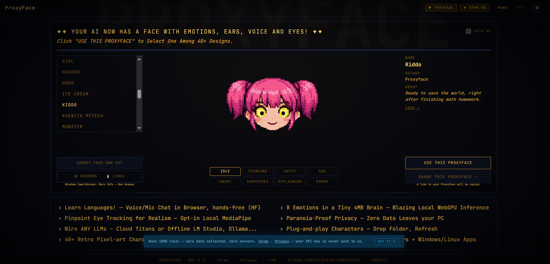 ProxyFace Landing Page — dark mode with Preteen character selected
