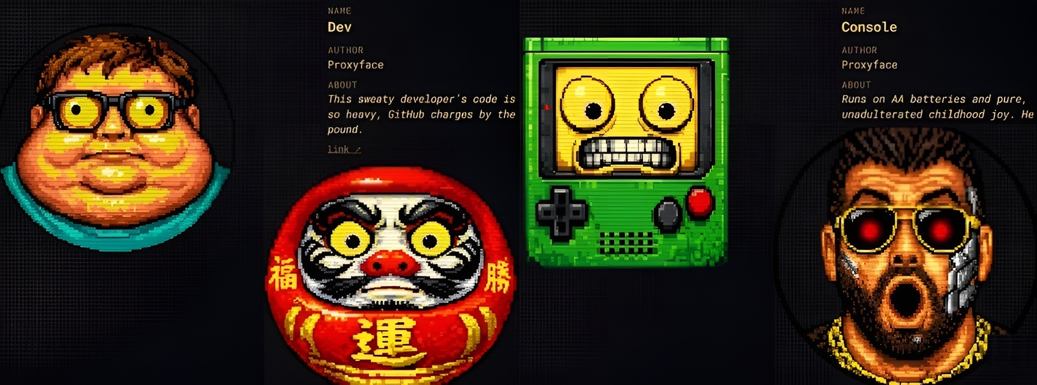 Character gallery — Dev, Daruma, Console, Terminator