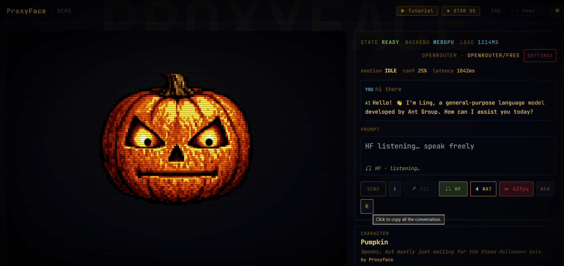 Demo — Pumpkin character, HF listening mode active, emotion IDLE
