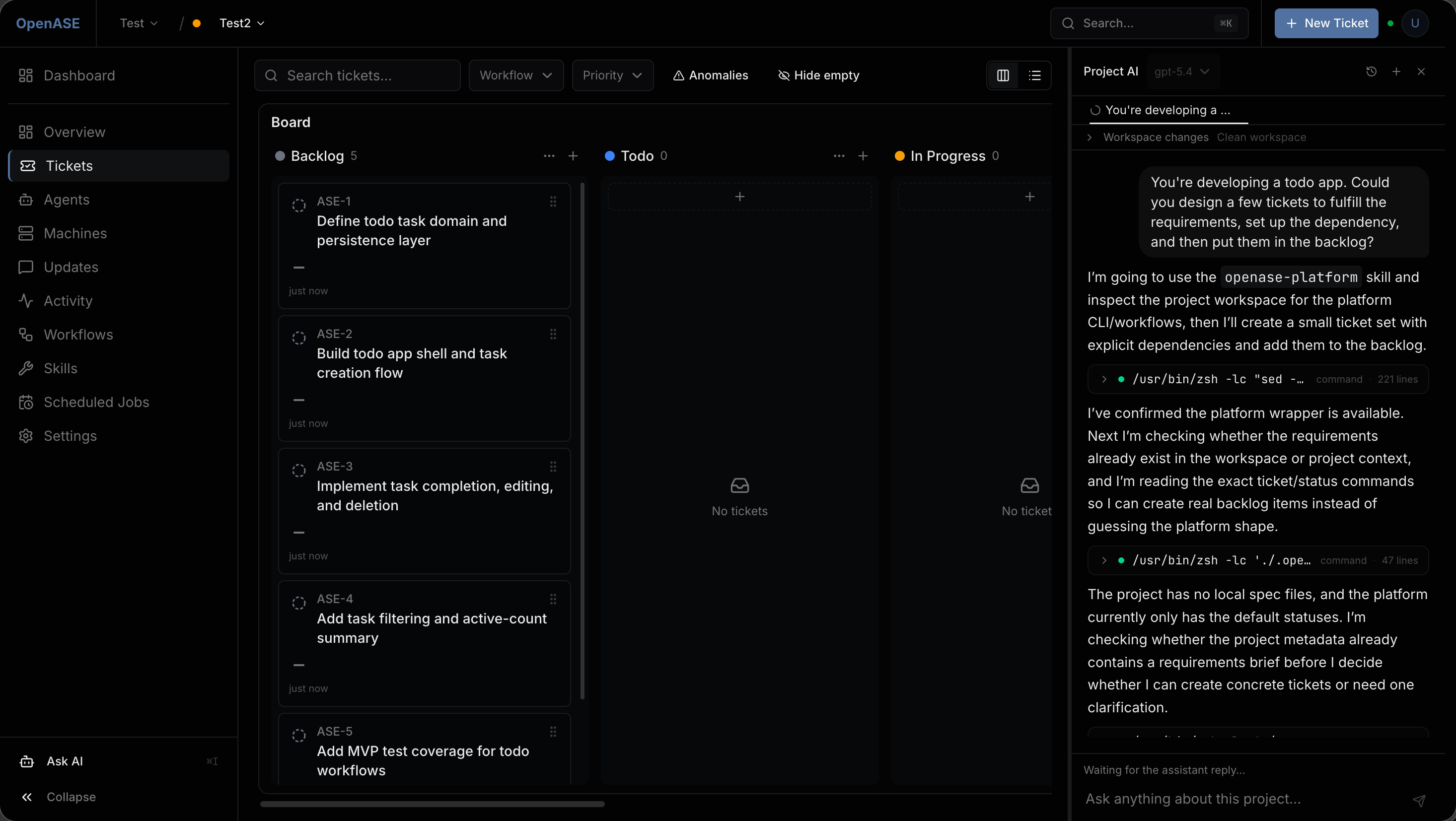 OpenASE project AI assistant beside the ticket board
