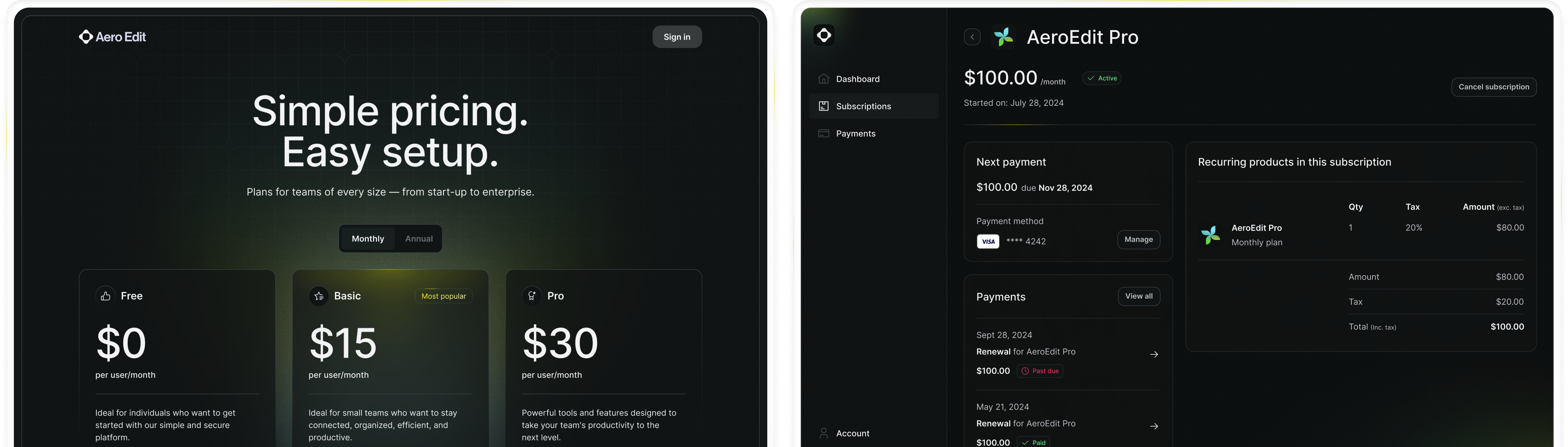 Illustration showing two screens from the starter kit. On the left is three-tier pricing page. On the right is a subscription page, showing an itemized list of products on the subscription, the next payment, and previous payments.