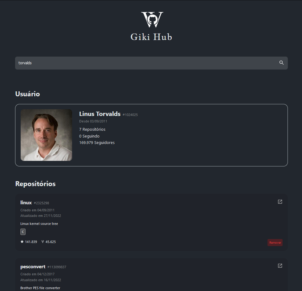 Screenshot do gikhub no perfil de Linus Torvalds